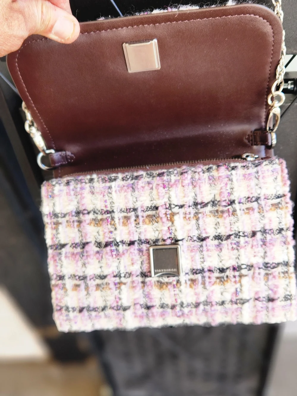 This item is a Tory Burch Emerson tweed chain wallet. - Picture 5 of 10